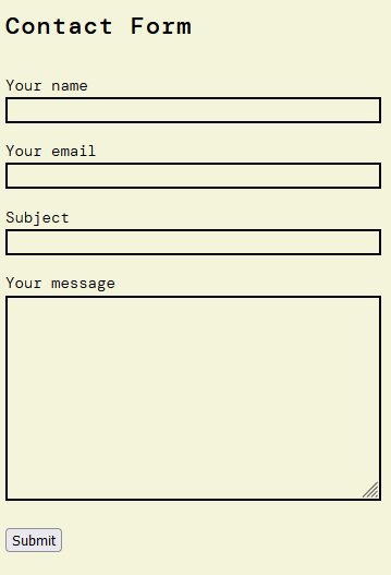 screenshot in black and white showing this website contact form. on top is the text field "your name", followed by the text field "your email", followed by the text field "subject", the text field "your message", followed by a submit button