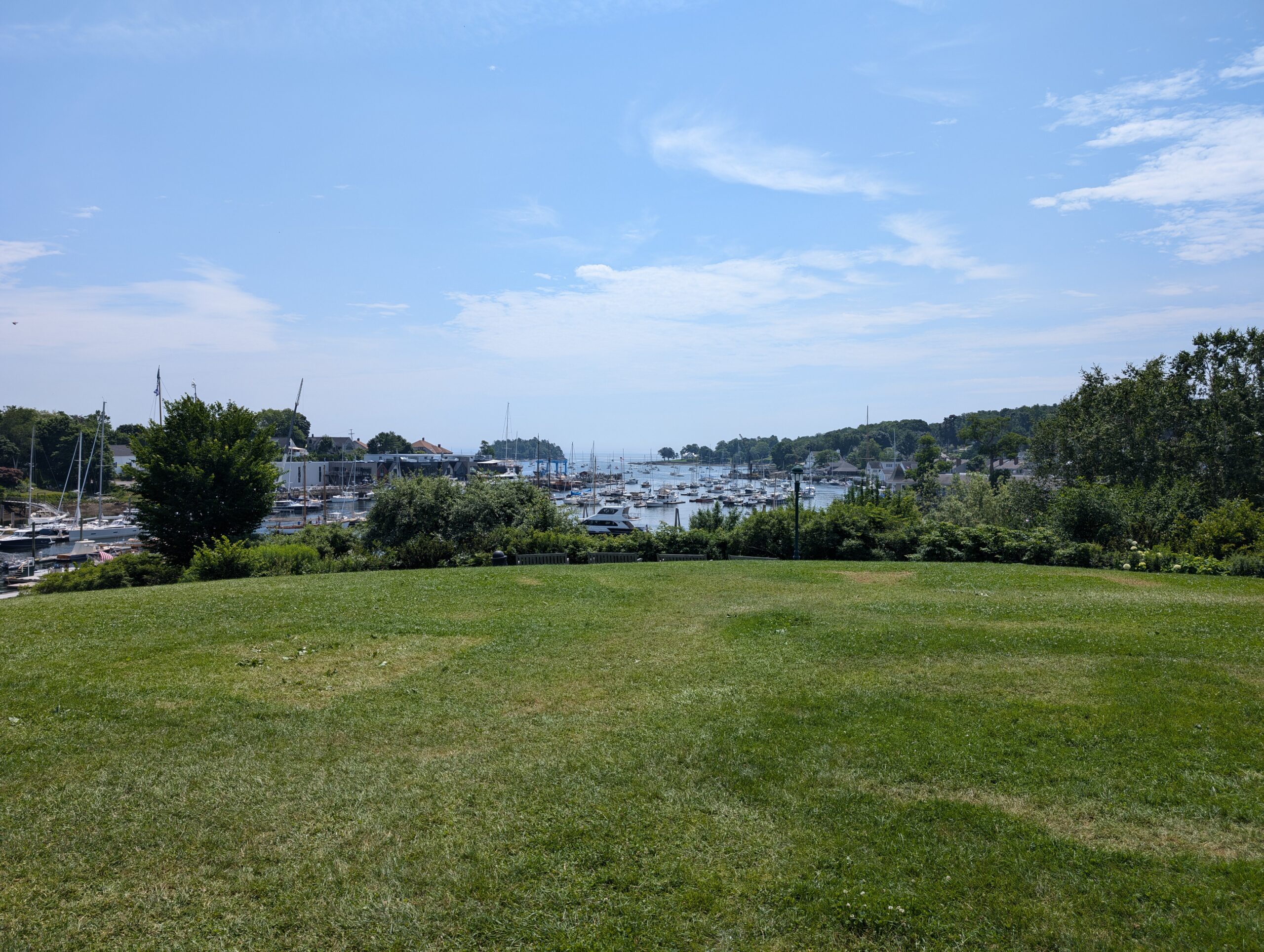 Grassy fields with an ocean view towards the horizon. the view also includes docks with various boats