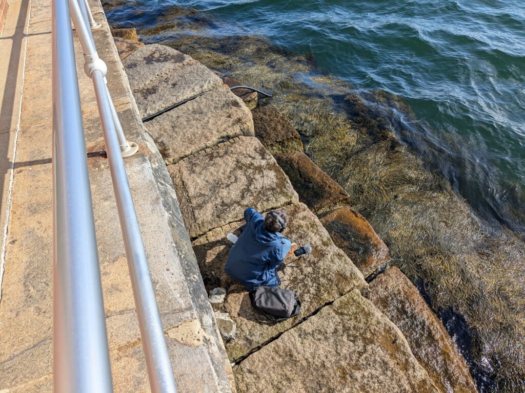 Tpp down perspective of myself crouching by the microphone, recording the ocean.