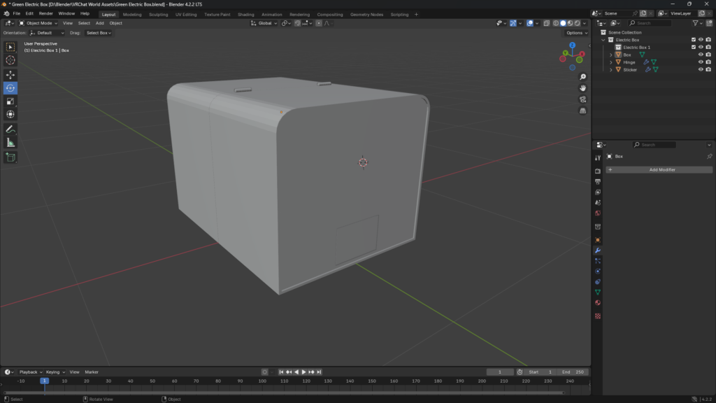 Picture of a gray box in the blender software. it is rectangular with curved top side edges