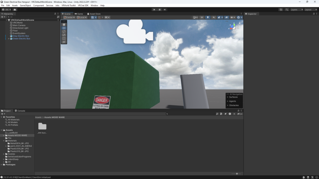 Picture of 3D modeled green and gray electrical boxes in front of a skybox in Unity