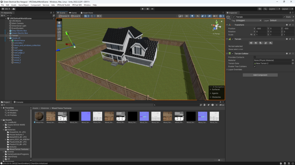 Unity software with a 3d modeled house and fence on grass