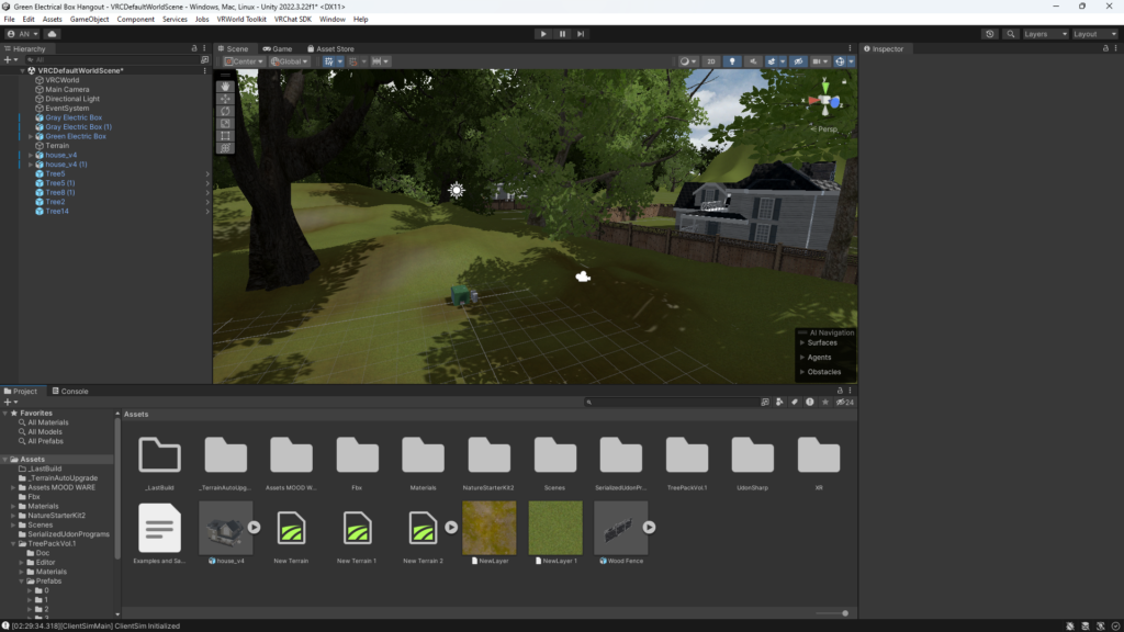 Unity software with a 3d modeled house and fence on grass. With electrical boxes and trees