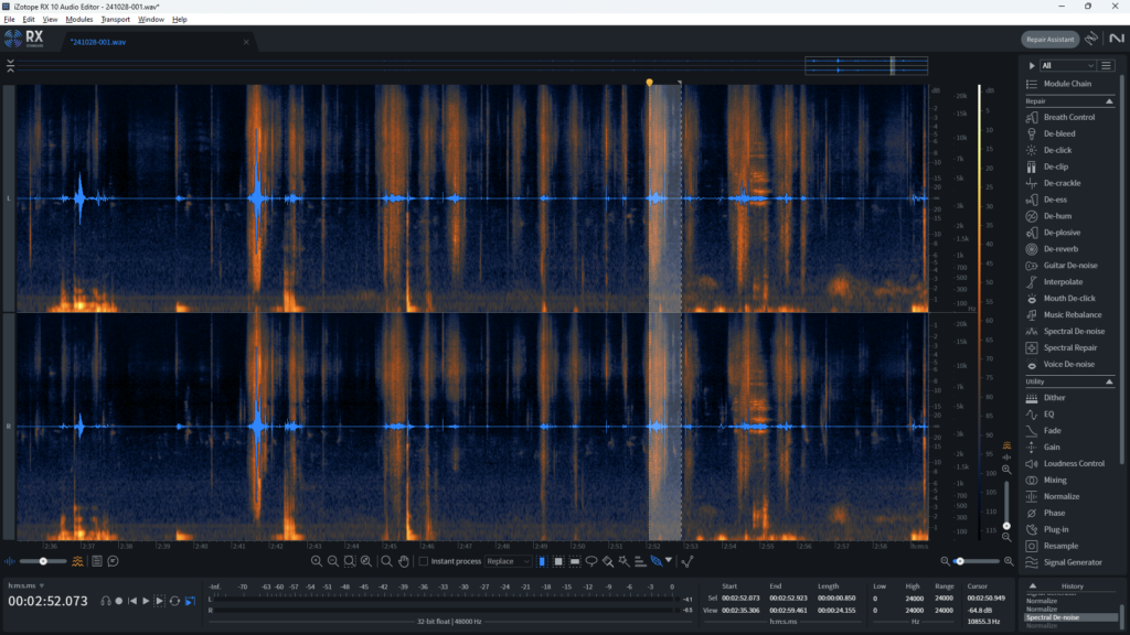 Izotope RX screenshot of a waveform and spectrogram.