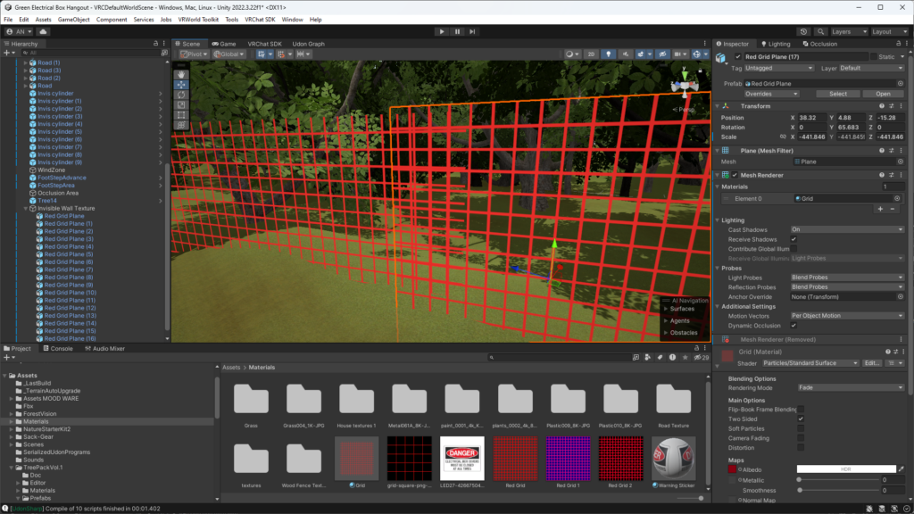 Unity software with trees and a red grid wall