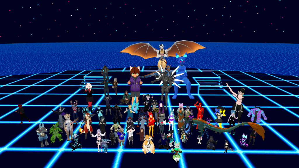 Group VR photo with various people on a blue grid floor