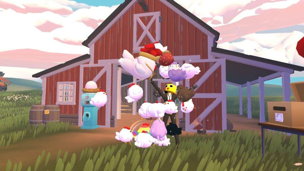 Man in a suit with a lego helmet in a game world being surrounded by chickens of various colors