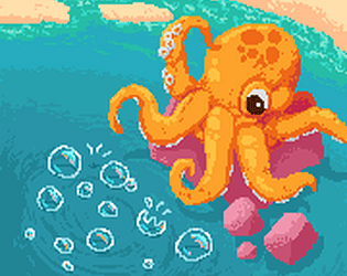 Picture of an orange octopus sitting on some red rocks, popping bubbles slowly surfacing from the water