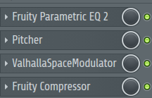 Screenshot of FL studio channel rack. From top to bottom, you have: Fruity Parametric EQ 2, Pitcher, Valhalla Space Modulator, and Fruity Compressor