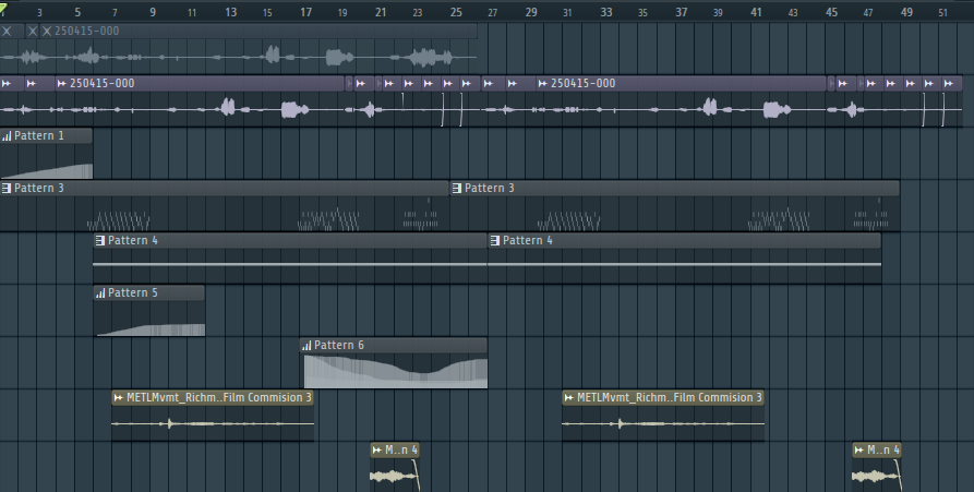 Screenshot showing the arrangement of the ambience music in FL studio. It shows layers of real life audio with midi notes and some automation data.