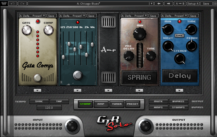 Screenshot showing Waves GTR Solo plugin with guitar pedals. From left to right, you have a gate comp pedal, an EQ pedal. Spring reverb Pedal, and Delay Pedal.