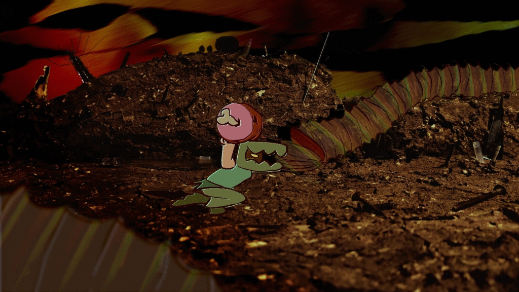 Still fgrom the short film "Overthrow". It shows an animated person with a crocodile mask carrying a piece of meat with bone sticking out of it. the background is varying shades of brown, and made up of real life photos of dirt and various objects.