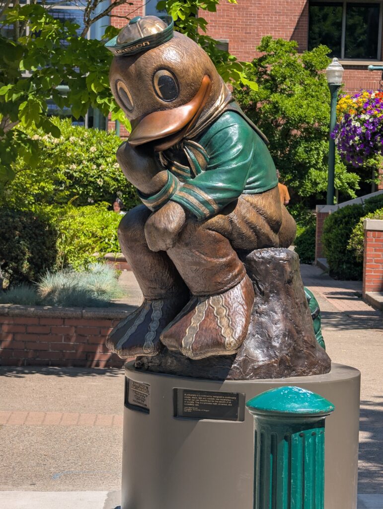 A bronze statue of the University of Oregon mascot, "The Duck"