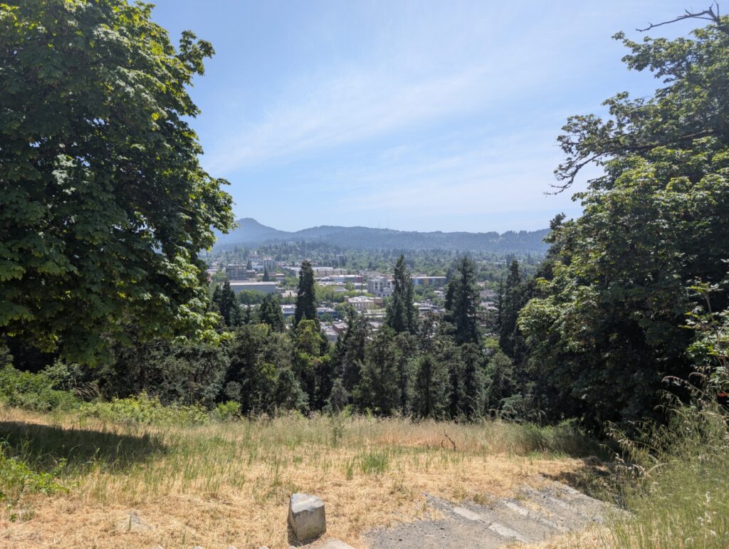 A bright, sunny day on Skinners butte looking out on the city of Eugene. You see lots of buildings in the distance