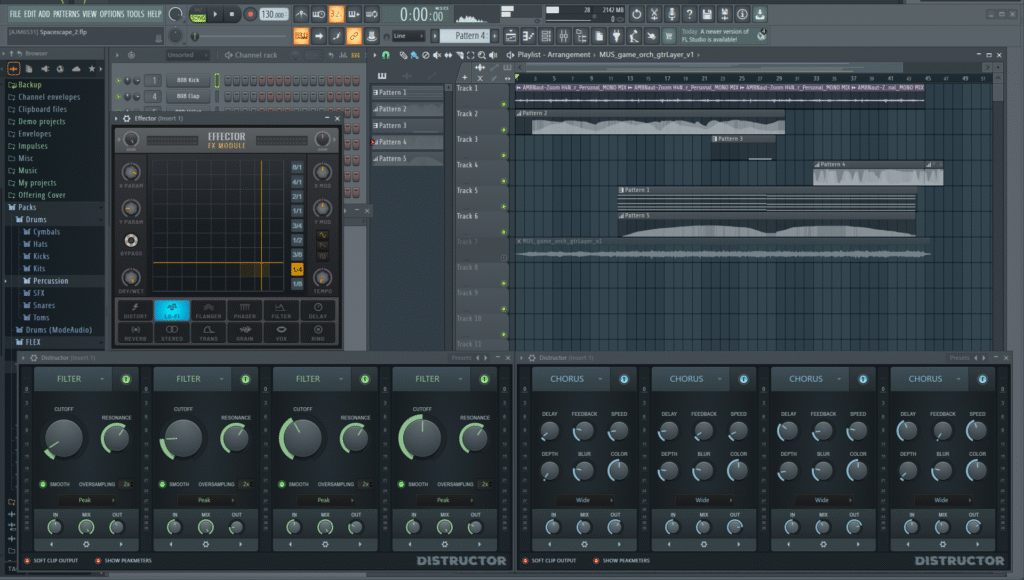 Screenshot of FL studio. In this screenshot, you mainly see 3 effects plugins. Effector, and two instances of Distructor, one with filters, the other having Chorusing.

On the right hand side, you see the timeline with audio files and midi data.