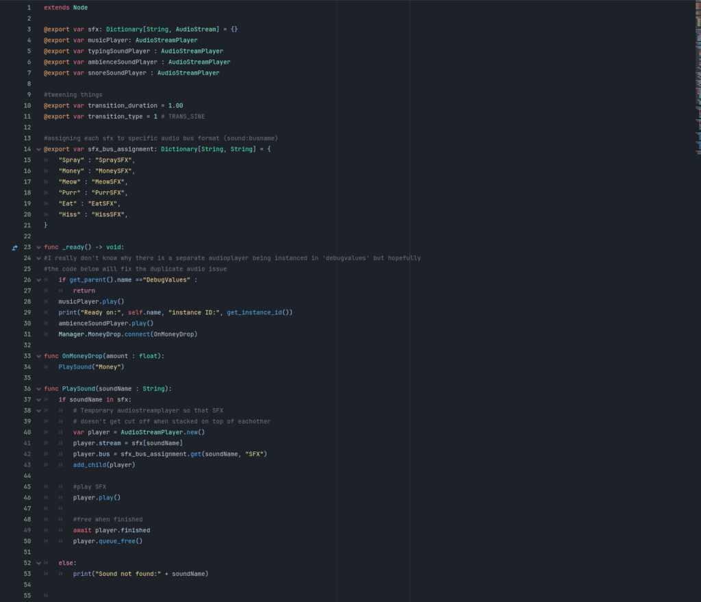 Screenshot of Godot code editor showing 55 lines of audio code.