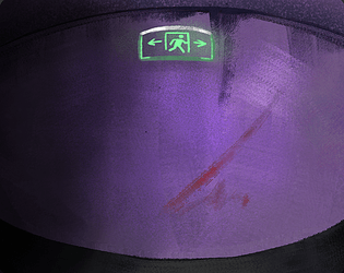 Screenshot from the game "Site Erasure". This shows a dark hallway, slightly bloodies, with a green exit sign towards the ceiling.