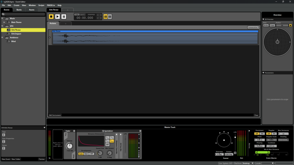 Screenshot showing the interface of FMOD